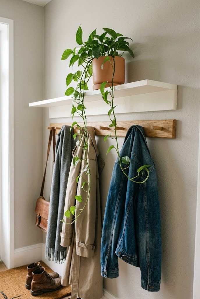 Trailing plant on a shelf above a peg rail softening a narrow entryway