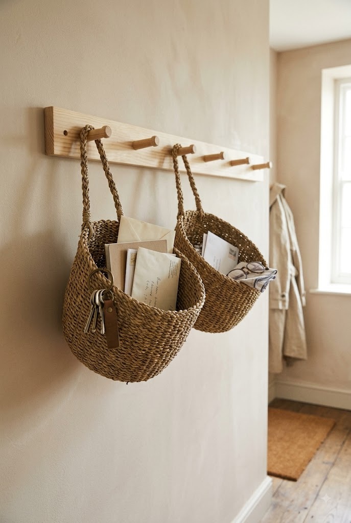 Woven baskets hanging on an entryway peg rail for keys and mail storage