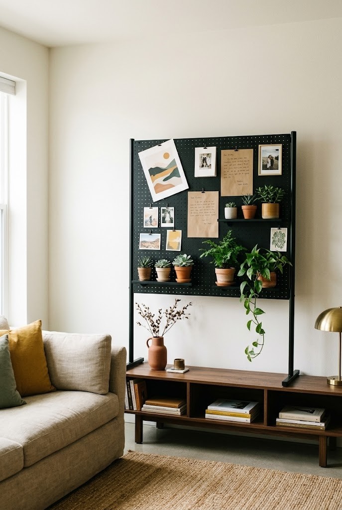 Black metal pegboard panel on a stand displaying prints and small plants in a living room