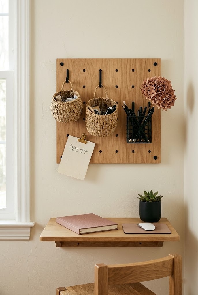 Wall pegboard above a tiny desk holding baskets, a pen cup, and one dried fall bloom