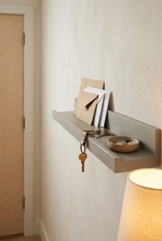 Shallow four-inch picture ledge holding keys and mail beside a front door
