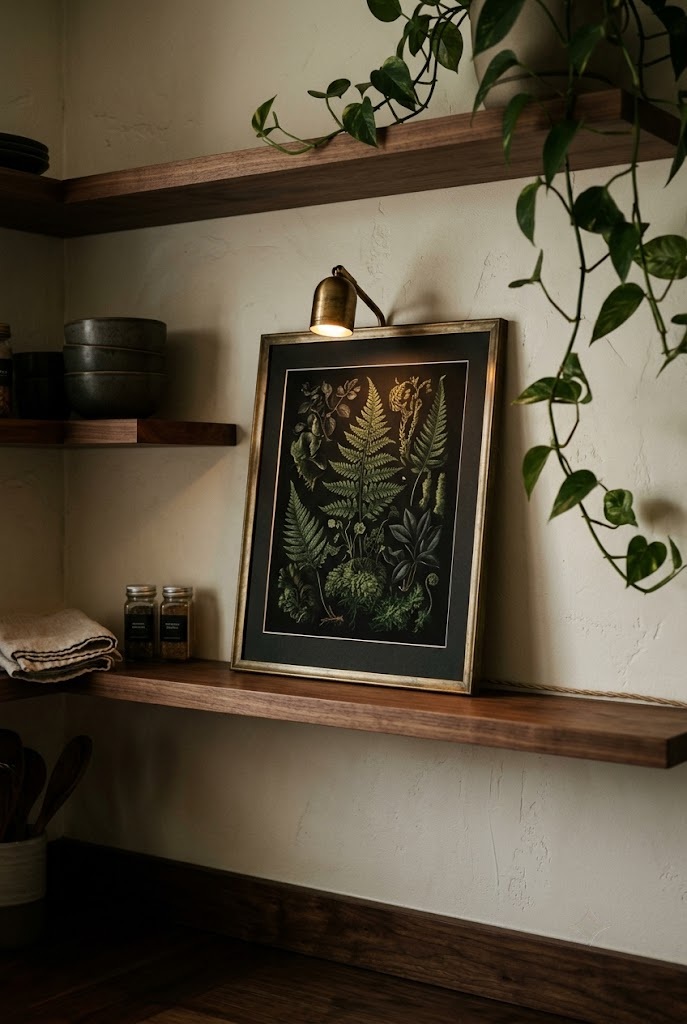 Plug-in picture light glowing over a framed botanical print on a kitchen shelf