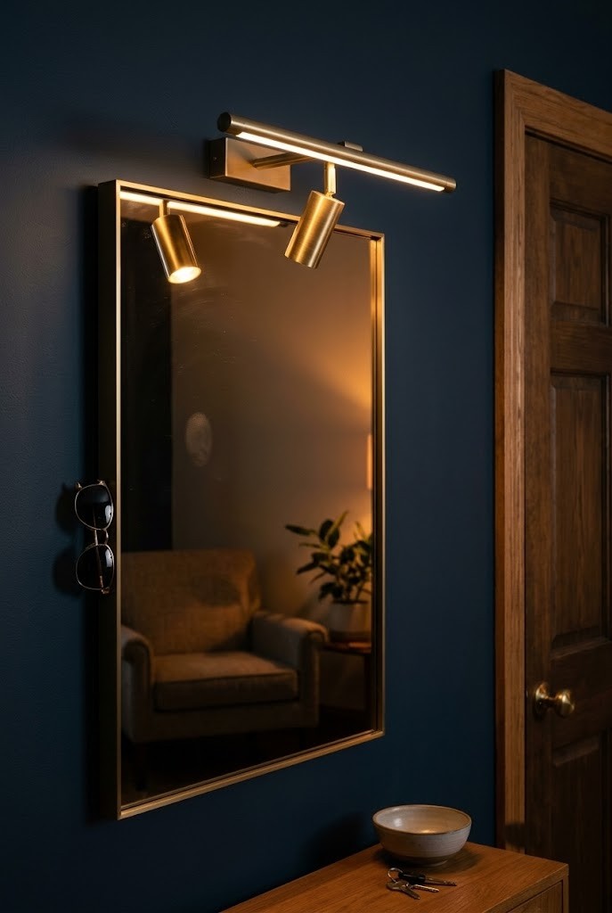 Picture light mounted above an entry mirror beside a living room front door