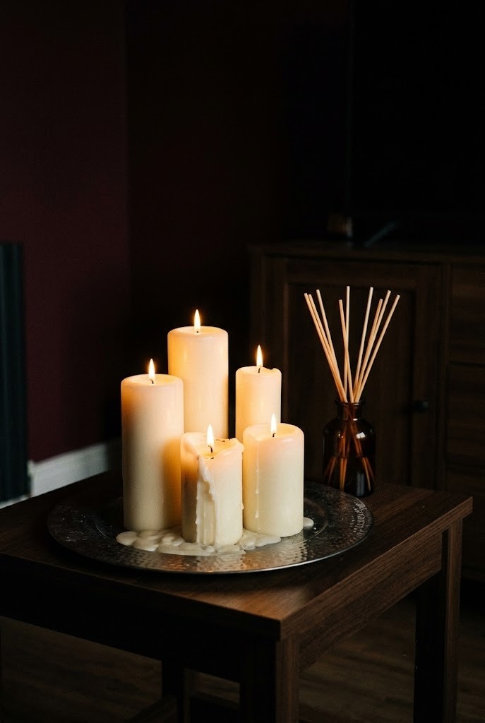 Cluster of pillar candles on a dark metal tray lighting a fall side table