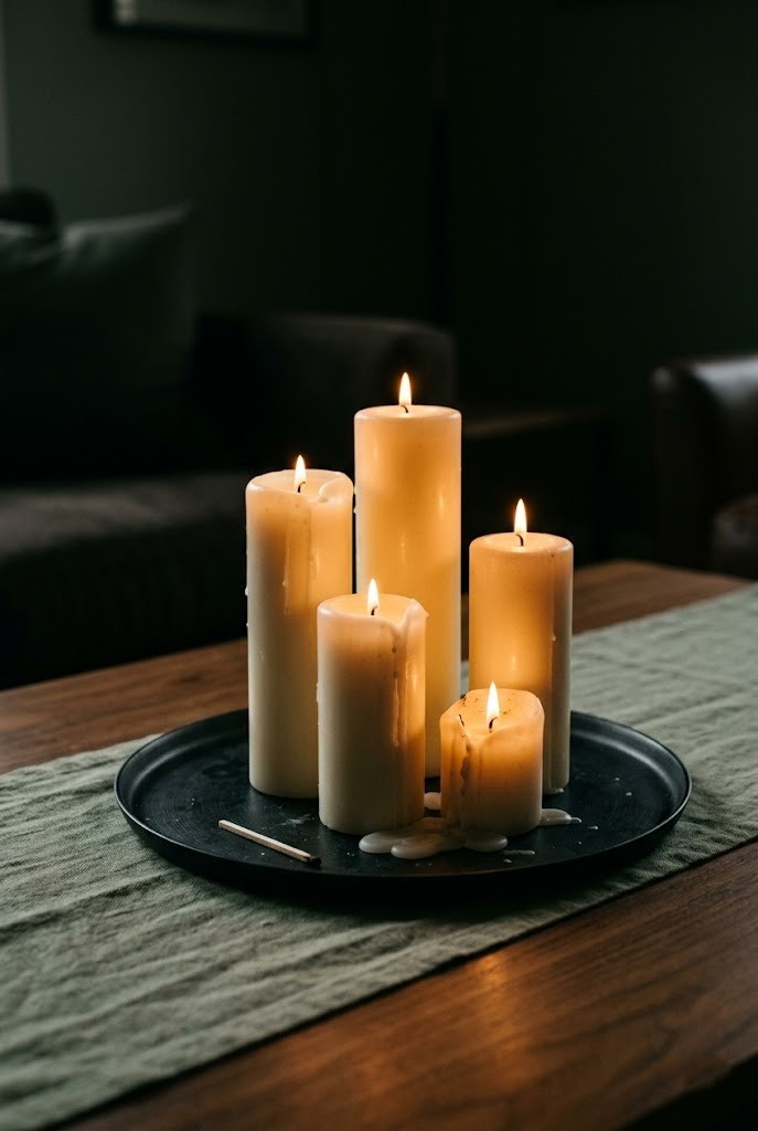 Moody living room lighting from a cluster of lit pillar candles grouped on a tray in the dark