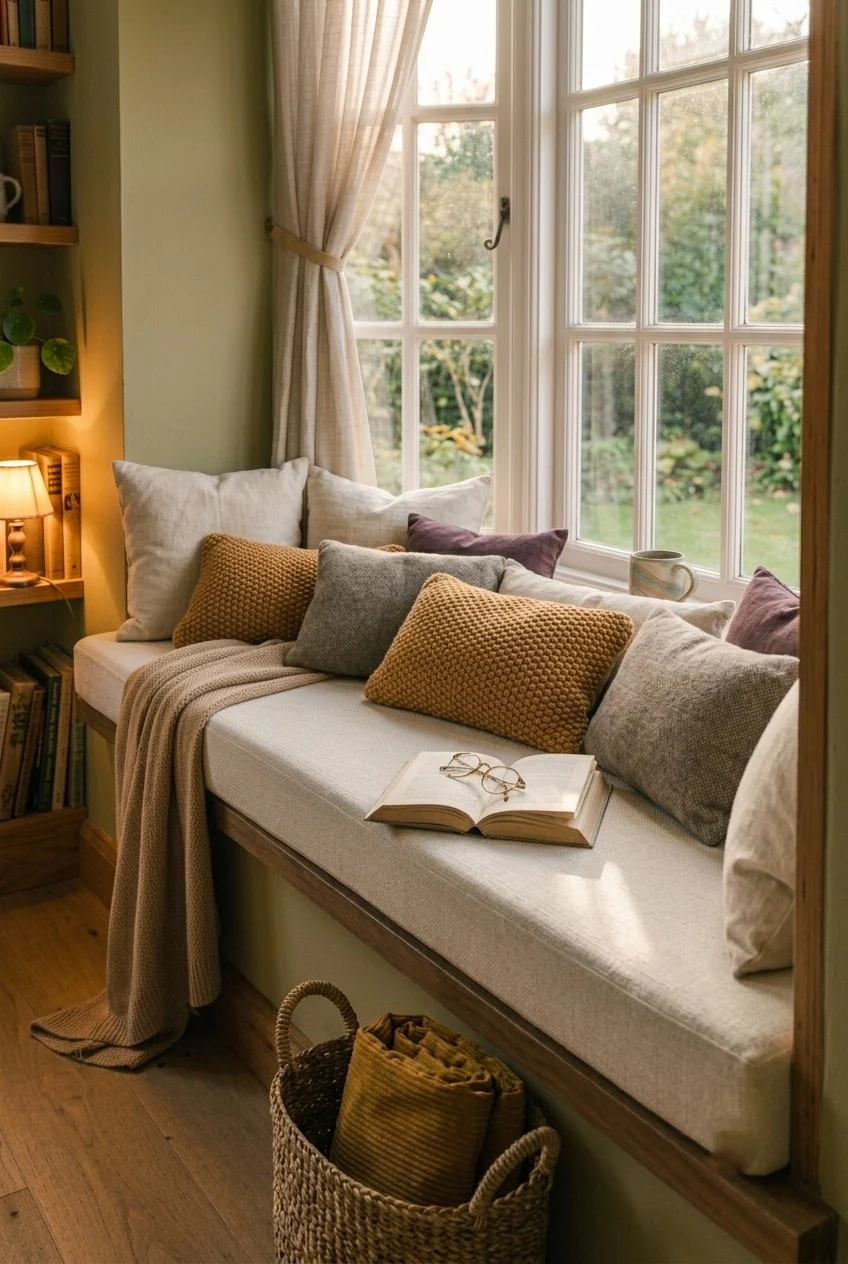 Cozy fall window seat with a two-deep pillow stack layered against the glass as a backrest