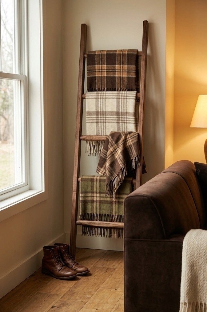 Walnut blanket ladder holding folded plaid wool blankets beside a brown couch