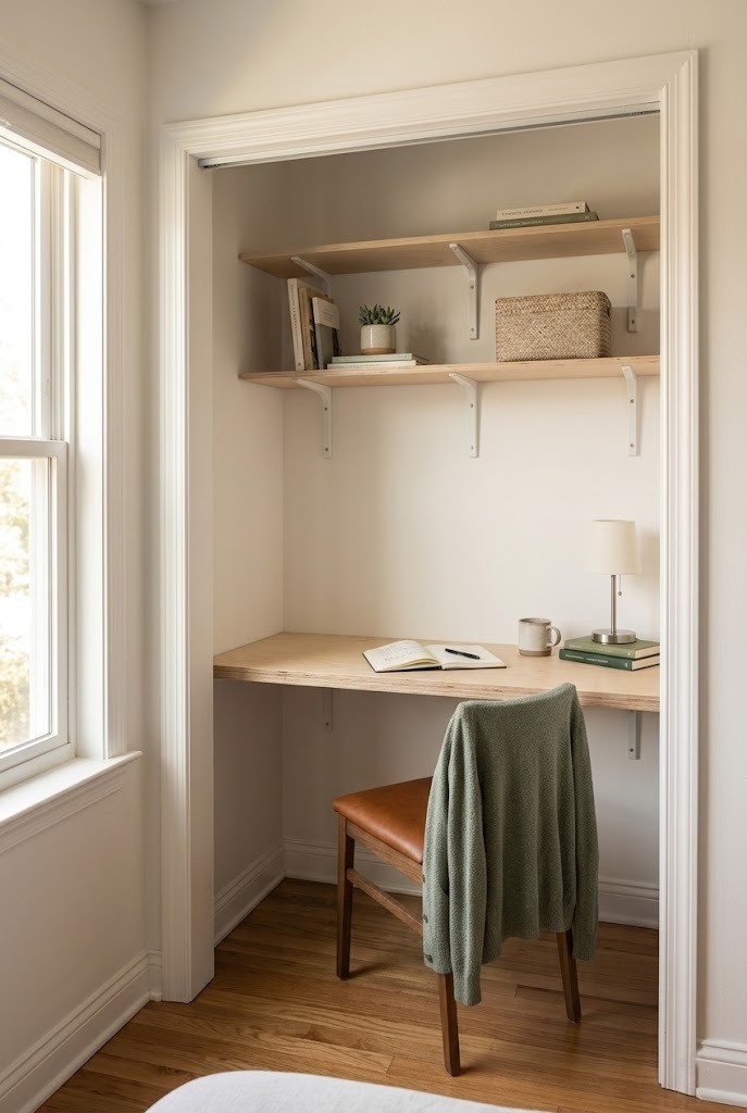 Plywood plank desk on a closet's existing shelf brackets, no drilling