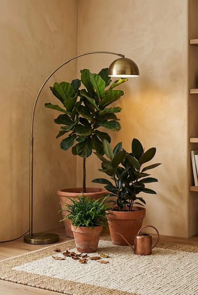 Plant cluster in an angled corner with a floor lamp arcing over the tallest