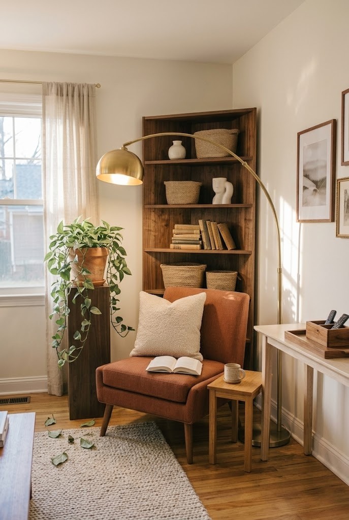 Living room corner with a floor lamp arcing over a trailing plant on a plinth