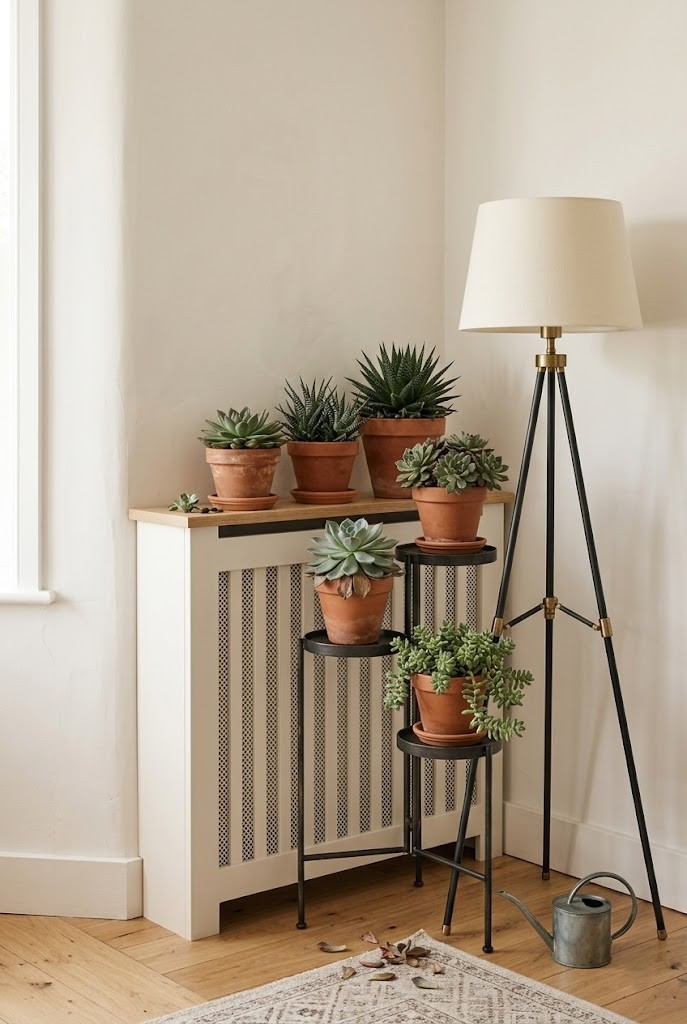 Metal plant stand and tripod floor lamp beside a corner radiator
