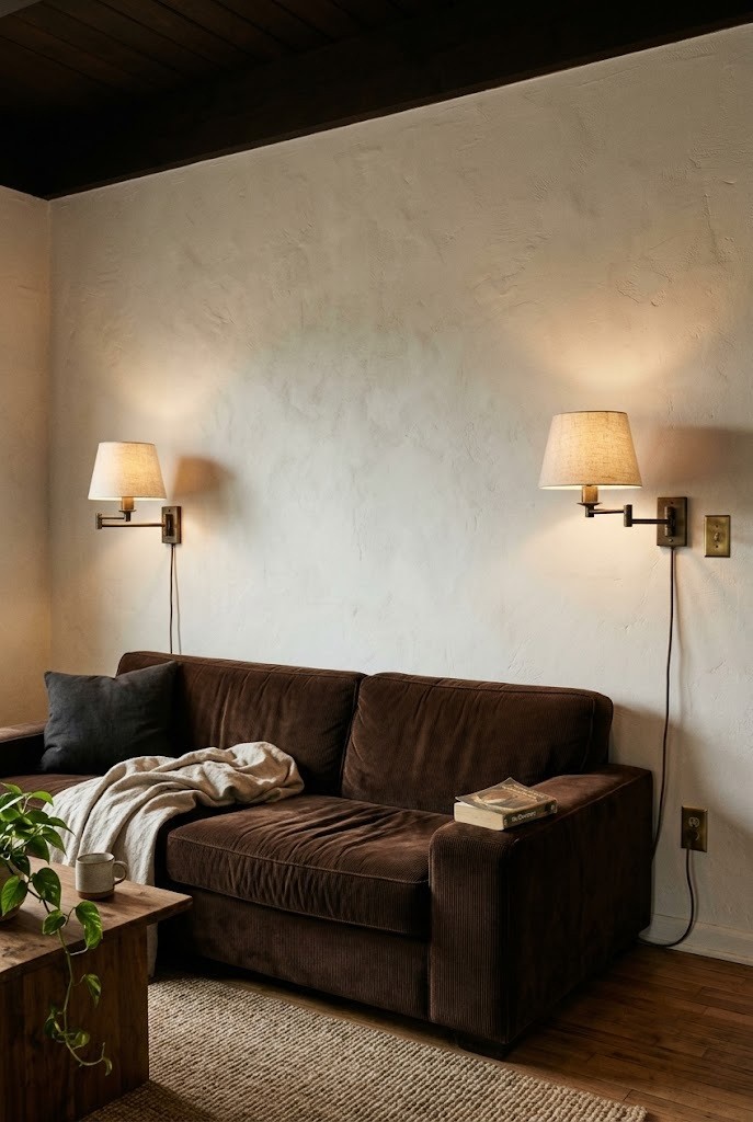 Two brass plug-in sconces lighting a dark velvet sofa in a rental living room