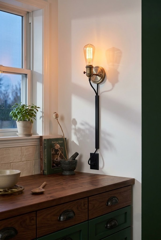 Plug-in Edison sconce with a warm bulb mounted beside a cottage kitchen window