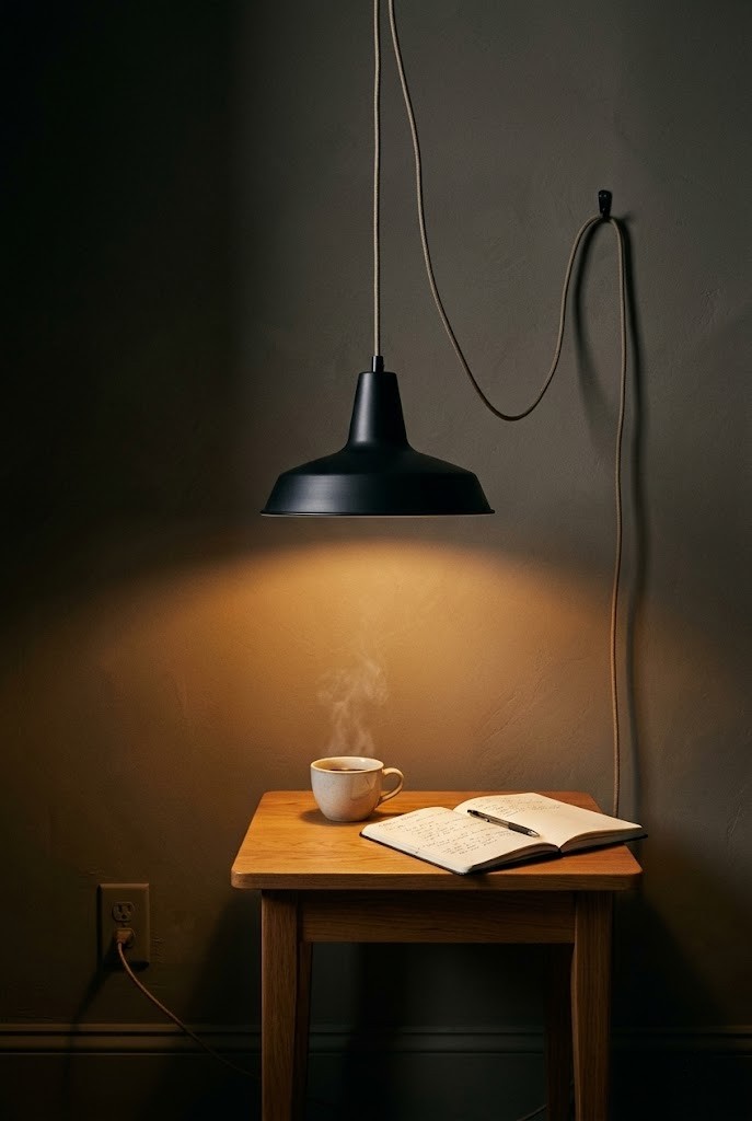 Moody living room lighting from a plug-in pendant hung low over a side table casting a warm pool