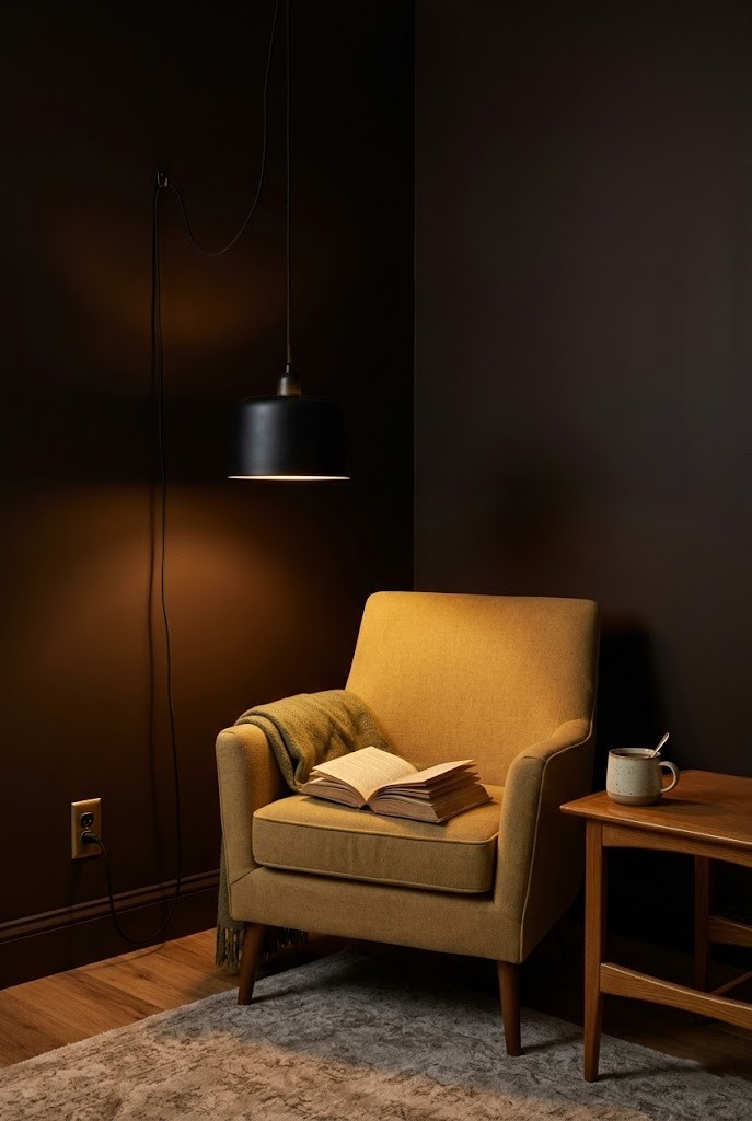 Plug-in pendant at head height lighting a cozy reading corner while the rest of the room stays dark