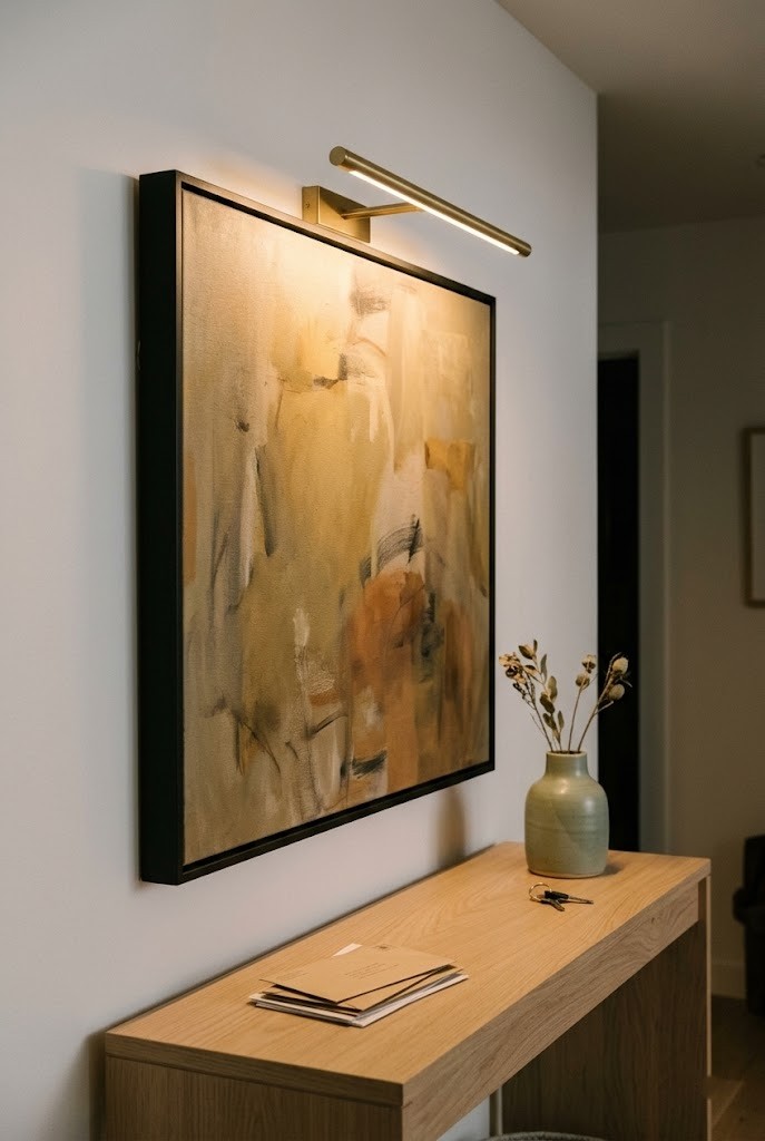 Plug-in picture light illuminating framed art above a console