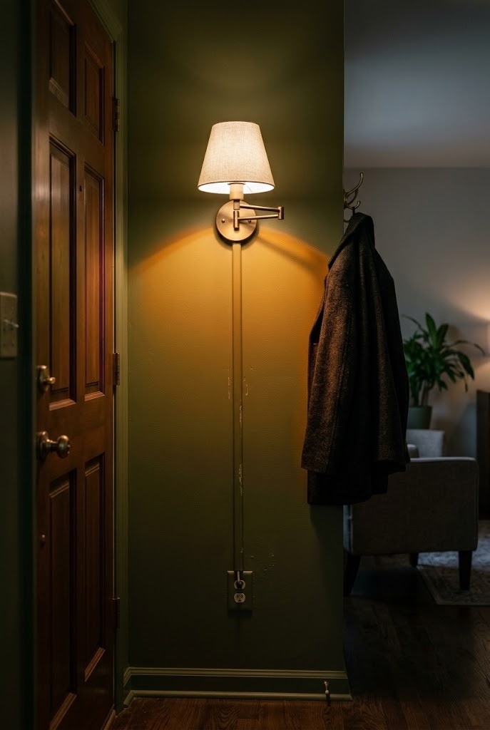 Plug-in sconce lighting the entry area where a front door opens into a living room