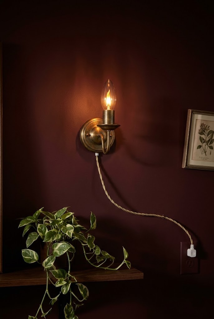 Plug-in wall sconce with a flame-flicker bulb glowing warmly against a deep-toned wall