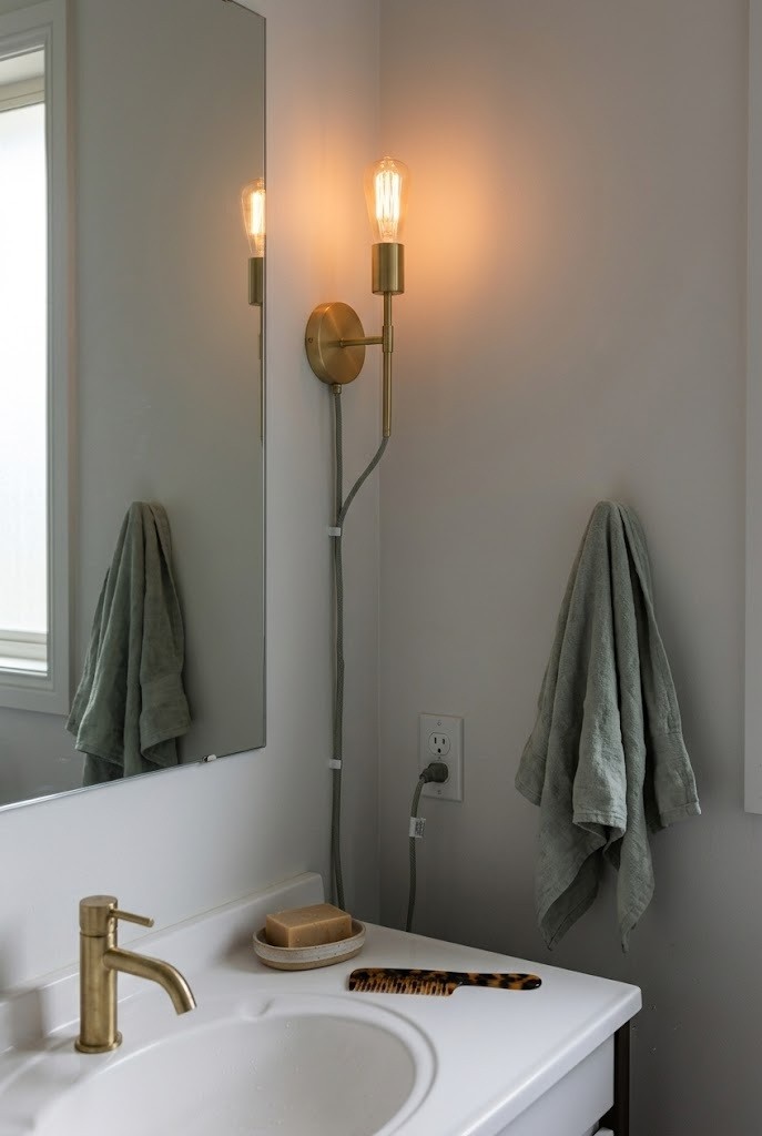 Plug-in brass sconce mounted with removable strips beside a rental bathroom mirror