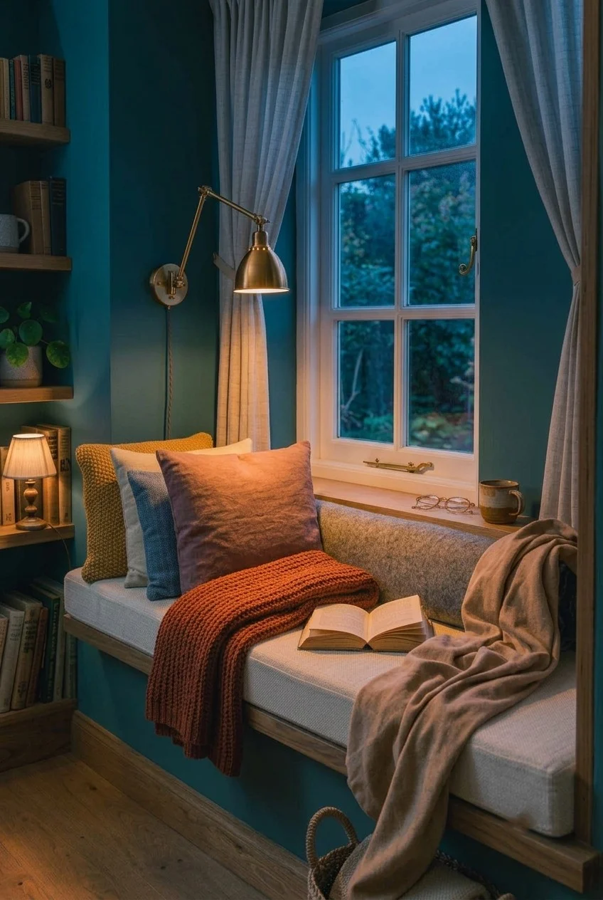 Plug-in wall sconce mounted beside a window seat lighting the cushion in the evening