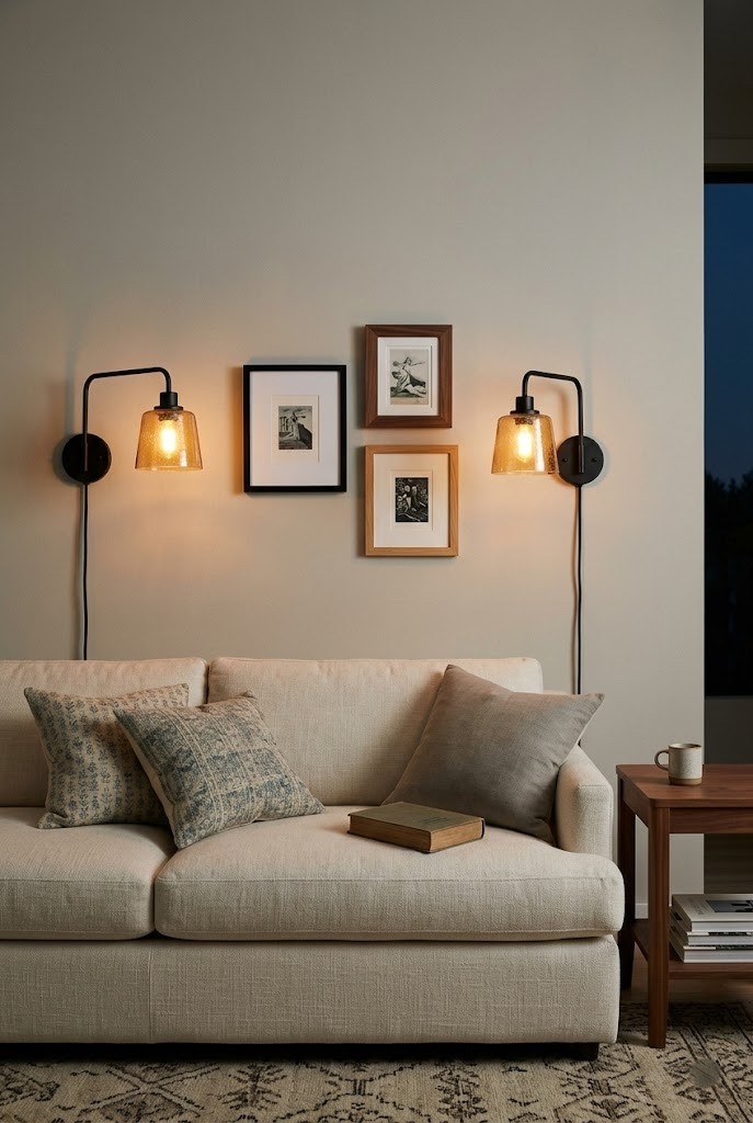 Plug-in wall sconces lighting a sofa in a rental with no overhead light