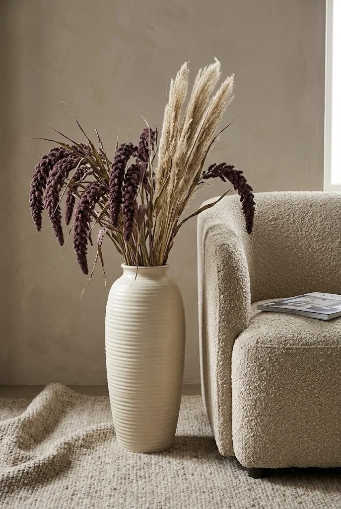 Plum millet and setaria grass in a ribbed cream floor vase next to a sofa arm
