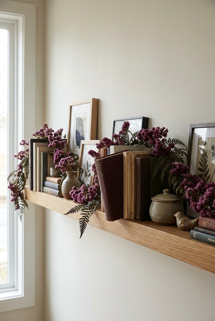 Plum statice and dark fern garland woven along a floating oak shelf with books