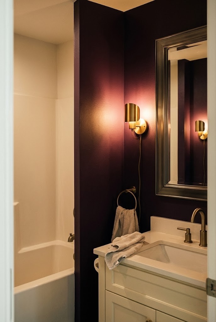 Plug-in sconces on a deep plum wall lighting a moody small bathroom