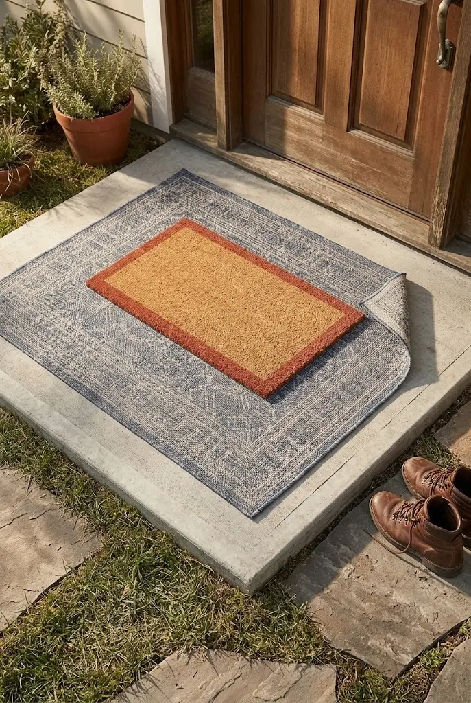 Flat-weave outdoor rug under a doormat with bare concrete showing on all sides
