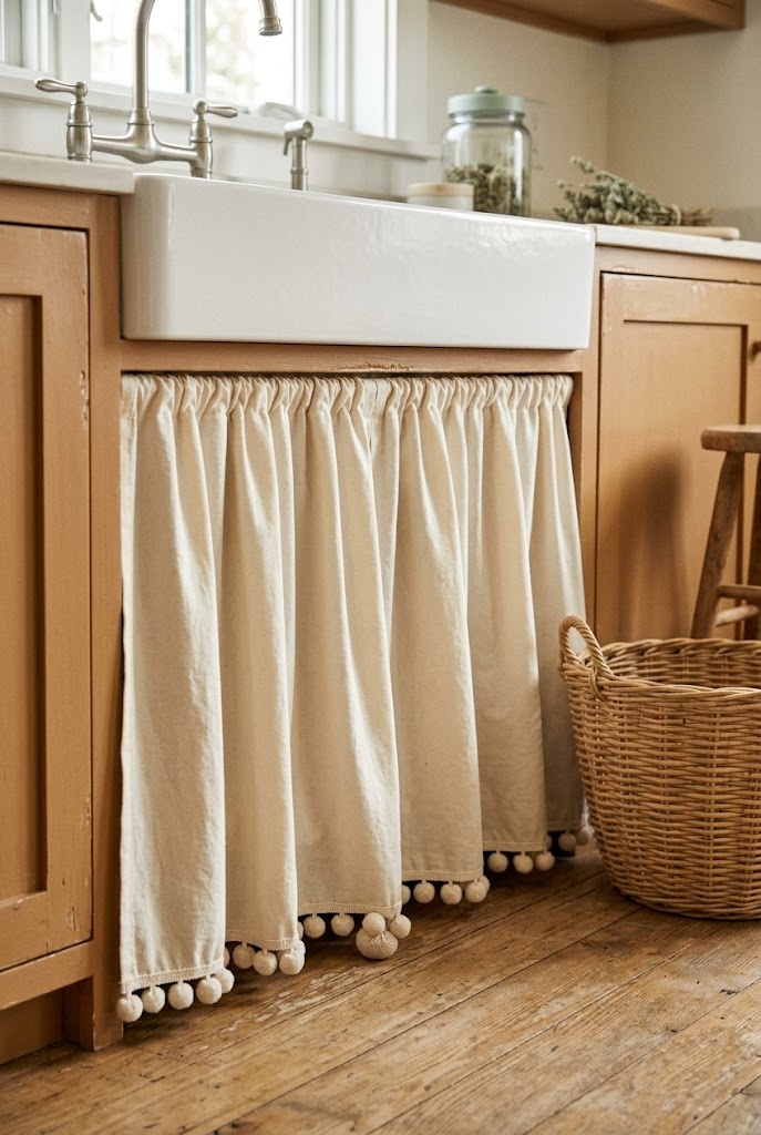 Cream gathered cabinet skirt trimmed with small cotton pom poms along the hem