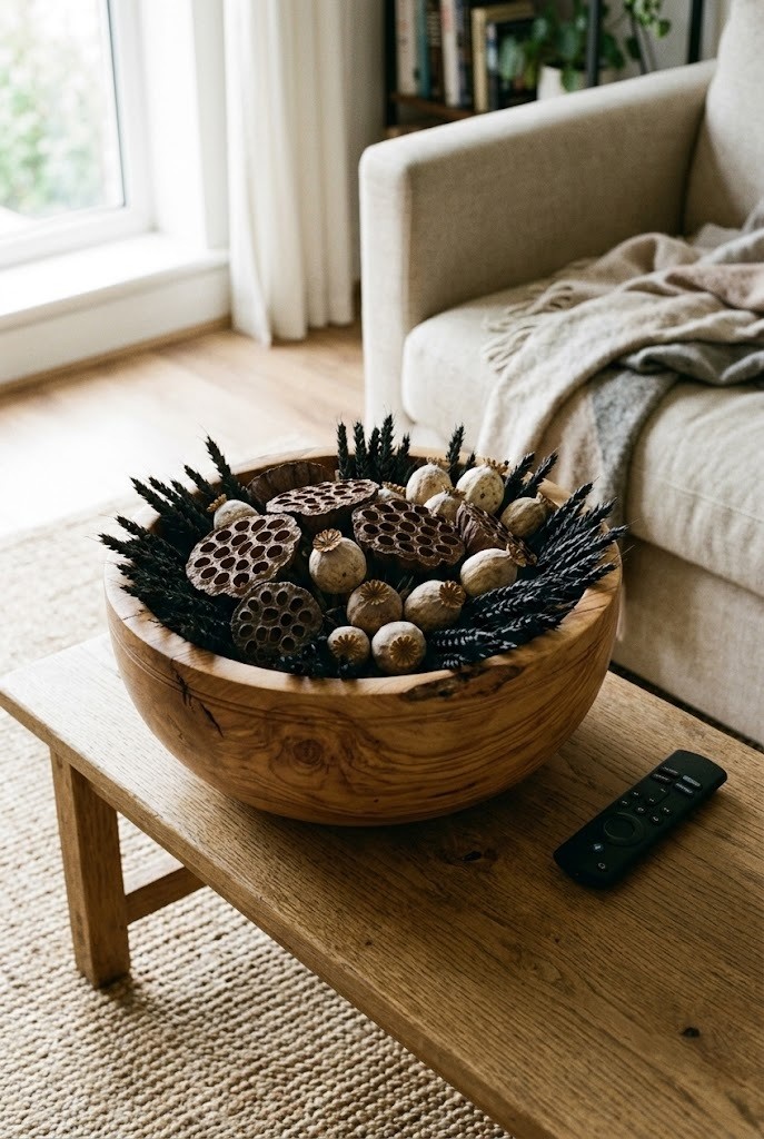 Wooden bowl of lotus pods, poppy pods and black wheat on a coffee table