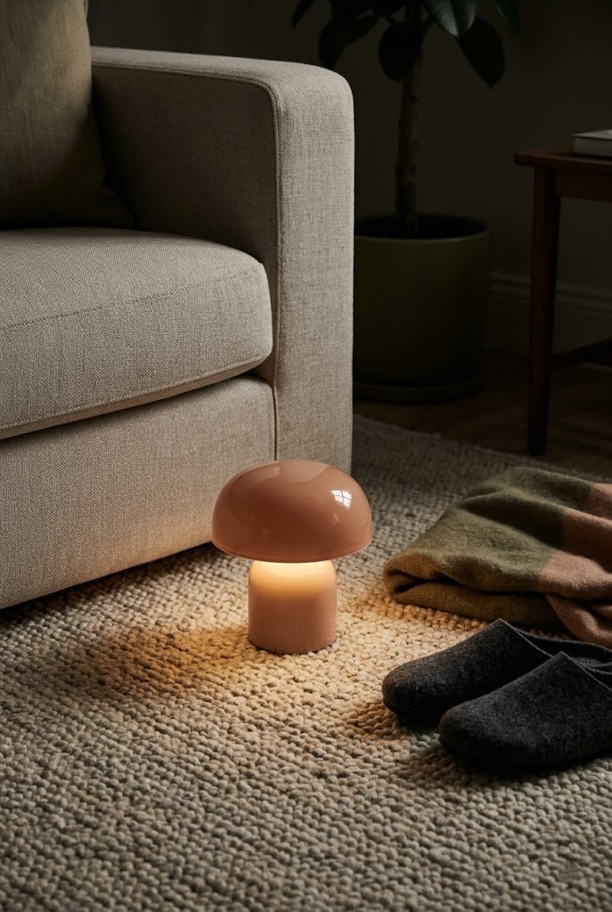 Portable mushroom lamp glowing low beside a sofa for evening mood