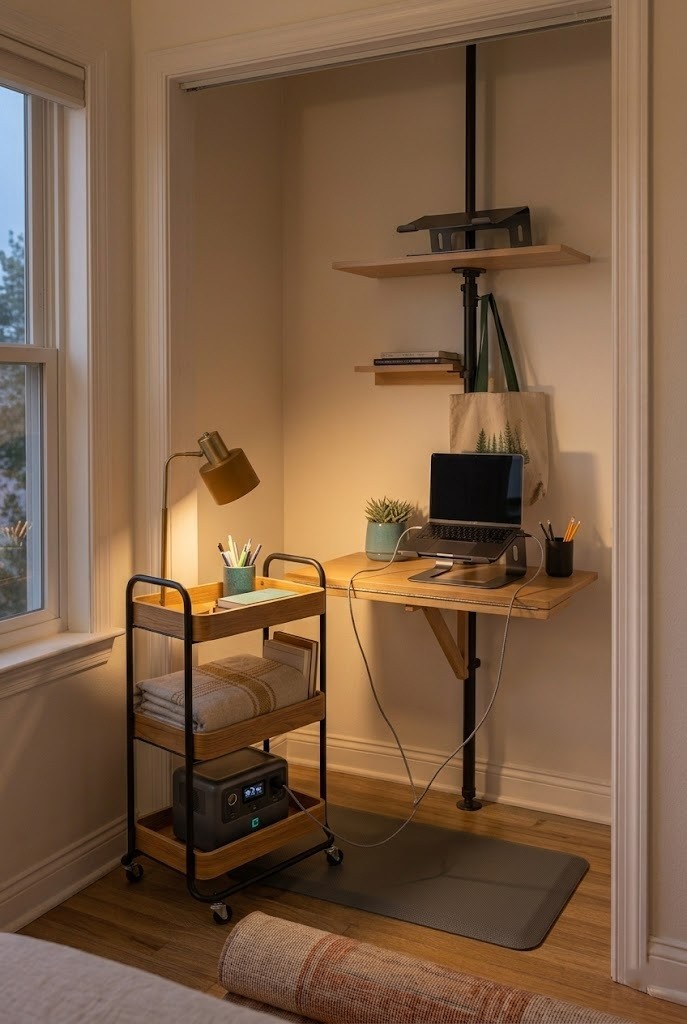 Portable power station running a closet office with no wall outlet