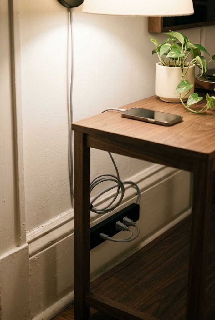 Slim power strip feeding lamps behind a console in a two-outlet room