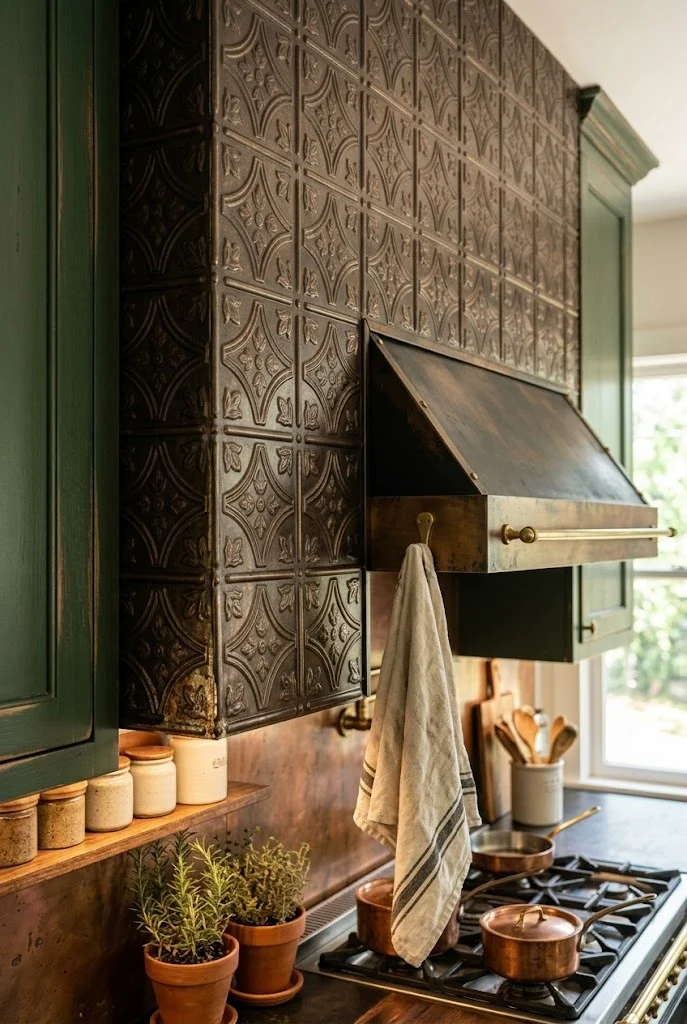 Faux pressed-tin bronze panels mounted above a kitchen range hood for a cottage look