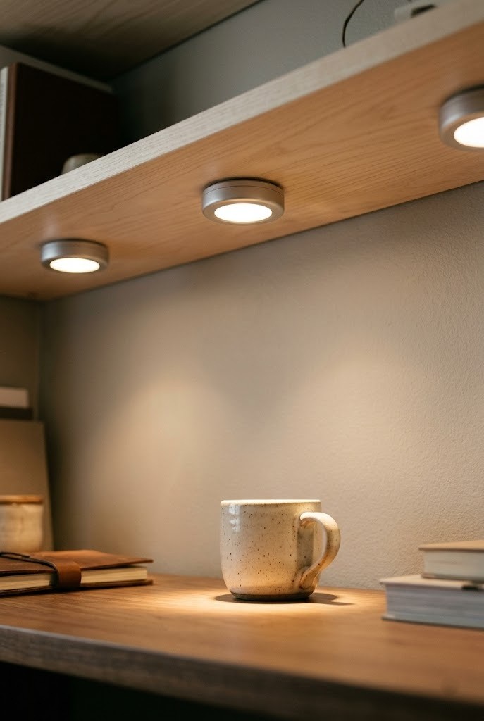 Rechargeable puck lights under a shelf for a closet office with no outlet