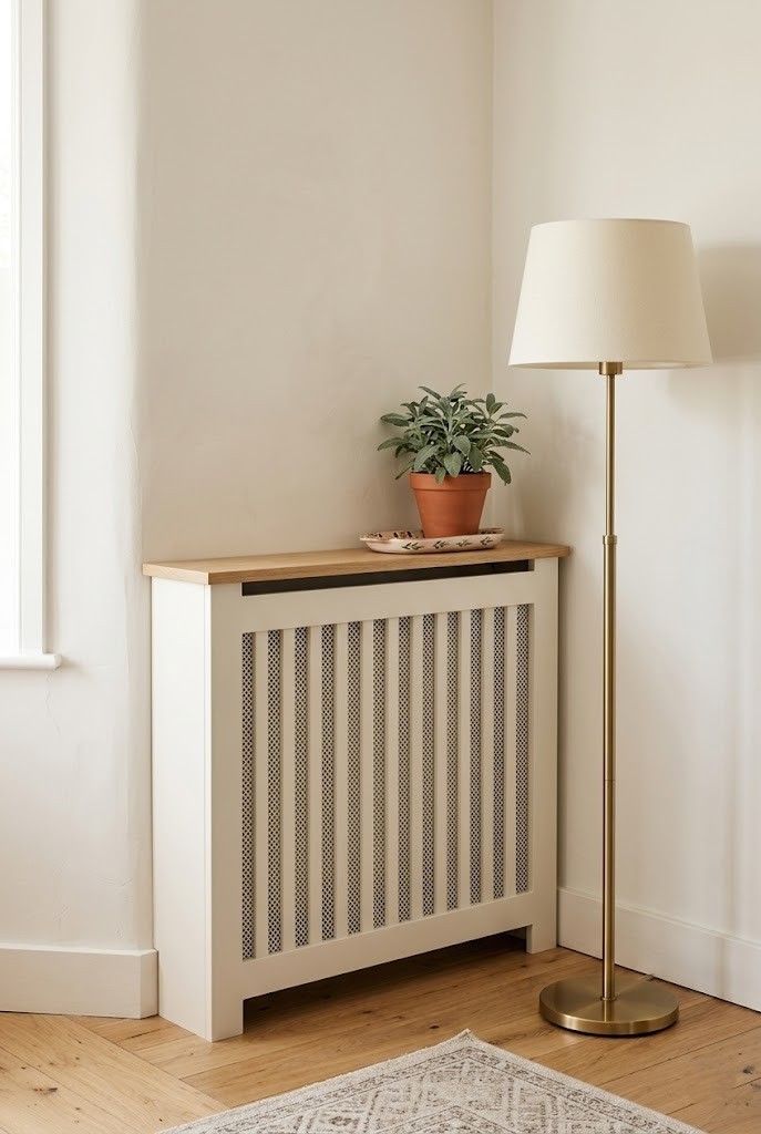 Radiator cover shelf with a floor lamp standing beside a corner radiator