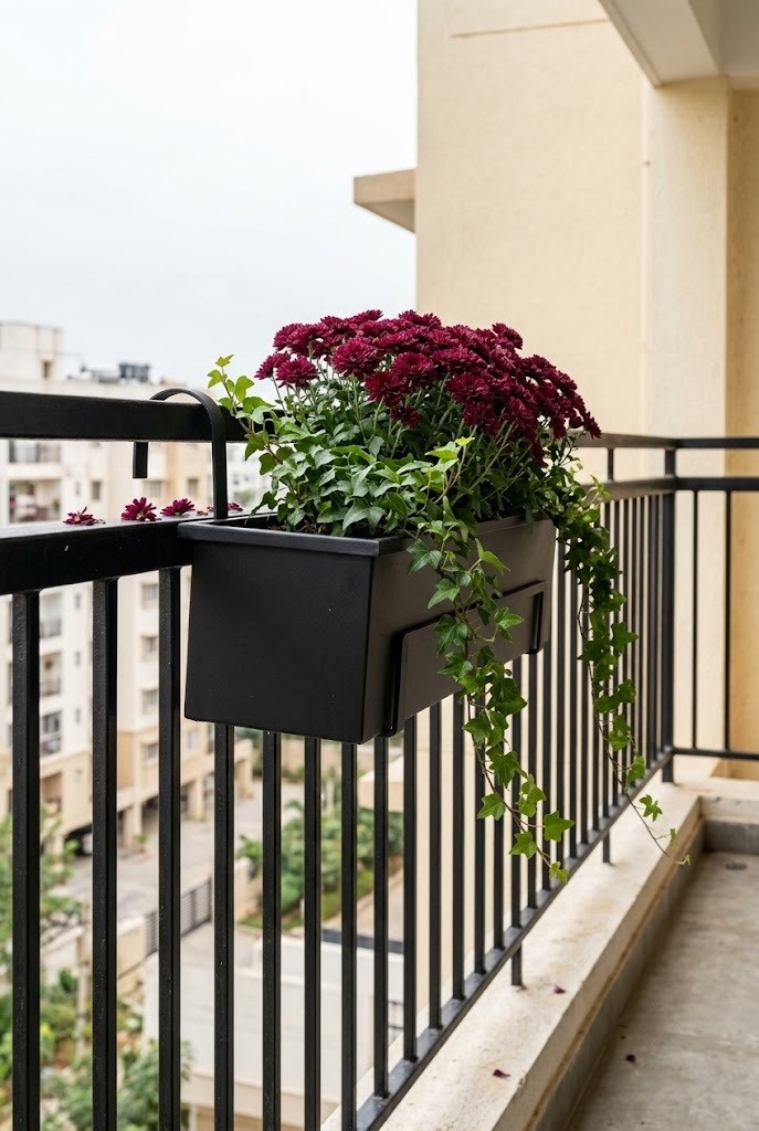 Railing planter with mums and ivy on bracket hooks for apartment balcony fall decor