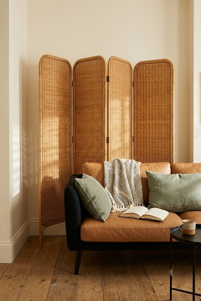 Rattan folding screen opened against the wall behind a living room sofa as a movable accent wall
