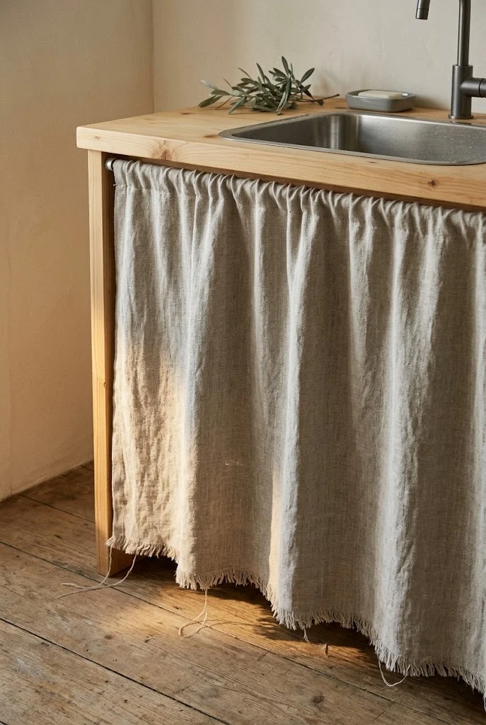 Natural linen cabinet panel with an evenly frayed raw hem below a simple wood counter