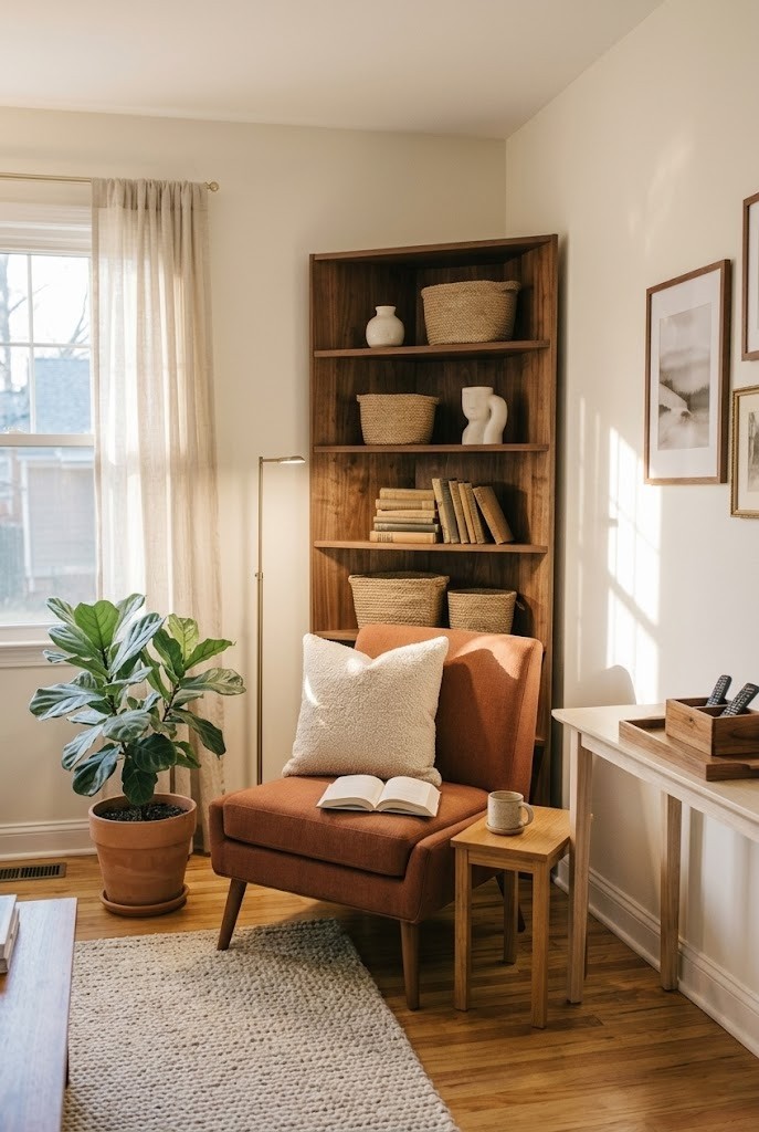 Reading chair and slim floor lamp in a bright living room window corner
