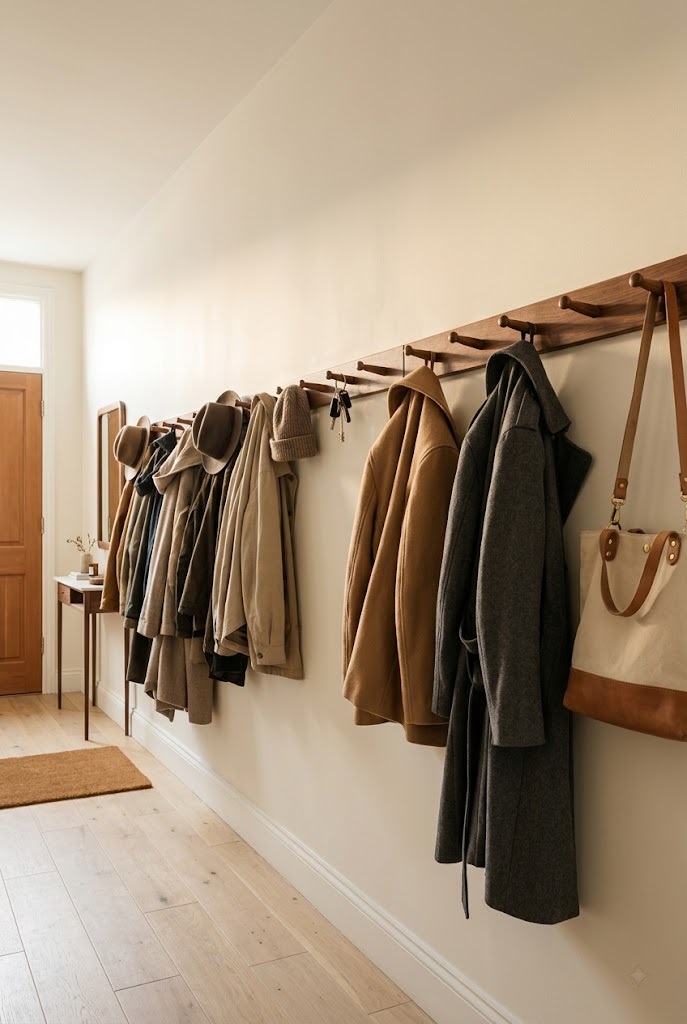 Ready-made peg rail entryway idea with racks butted into a full-wall run