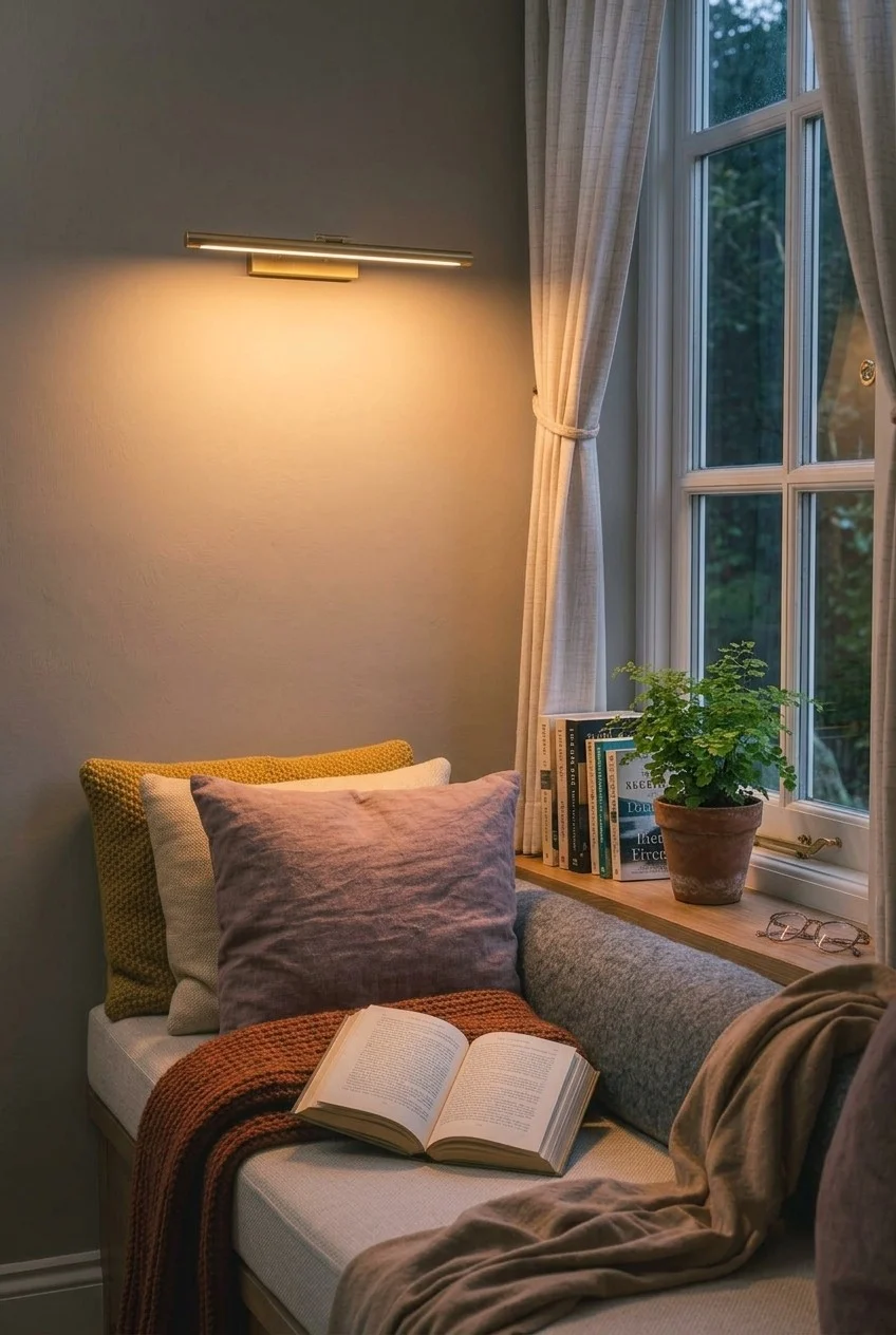 Slim rechargeable picture light mounted above a window seat with no cords showing