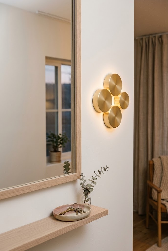 Rechargeable puck lights arranged as a cordless faux sconce by a mirror