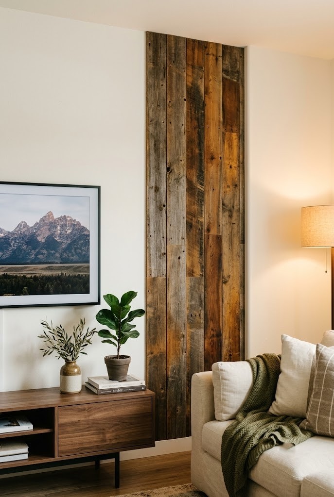 Column of mixed reclaimed wood planks beside a TV on a living room wall