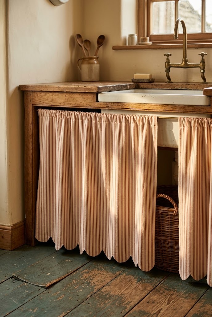 Faded red ticking stripe sink skirt with a scalloped hem against aged oak cabinetry