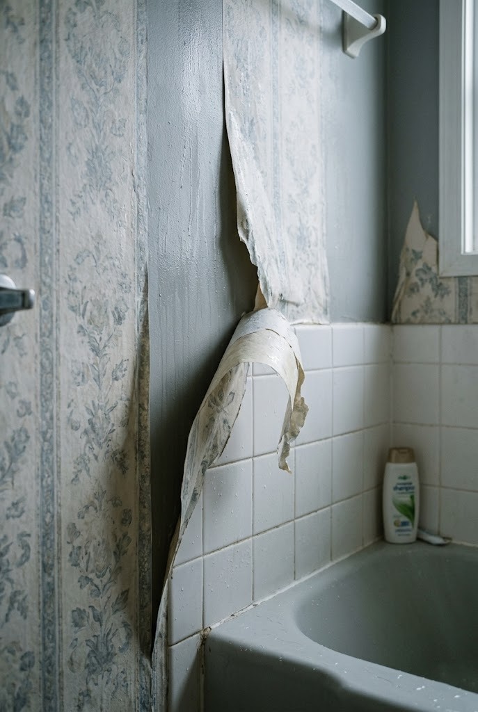 Removable wallpaper failing in the spray zone of a rental tub
