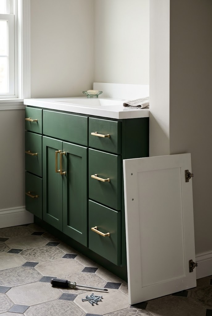 Green replacement cabinet fronts installed on a bathroom vanity using existing hinge cups