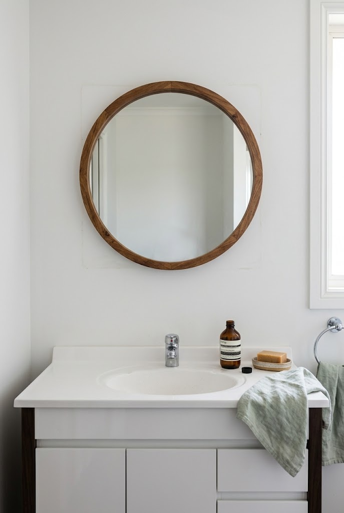 Round wood-framed mirror hung above a rental bathroom vanity on the existing anchor
