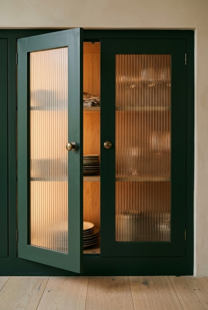 Green cabinet doors with vertical ribbed glass film lit warmly from inside